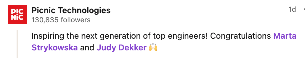 Picnic Technologies LinkedIn post: Inspiring the next generation of top engineers!